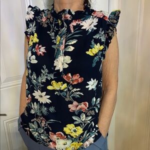 LOFT Navy Floral Ruffle Cap Sleeve Blouse